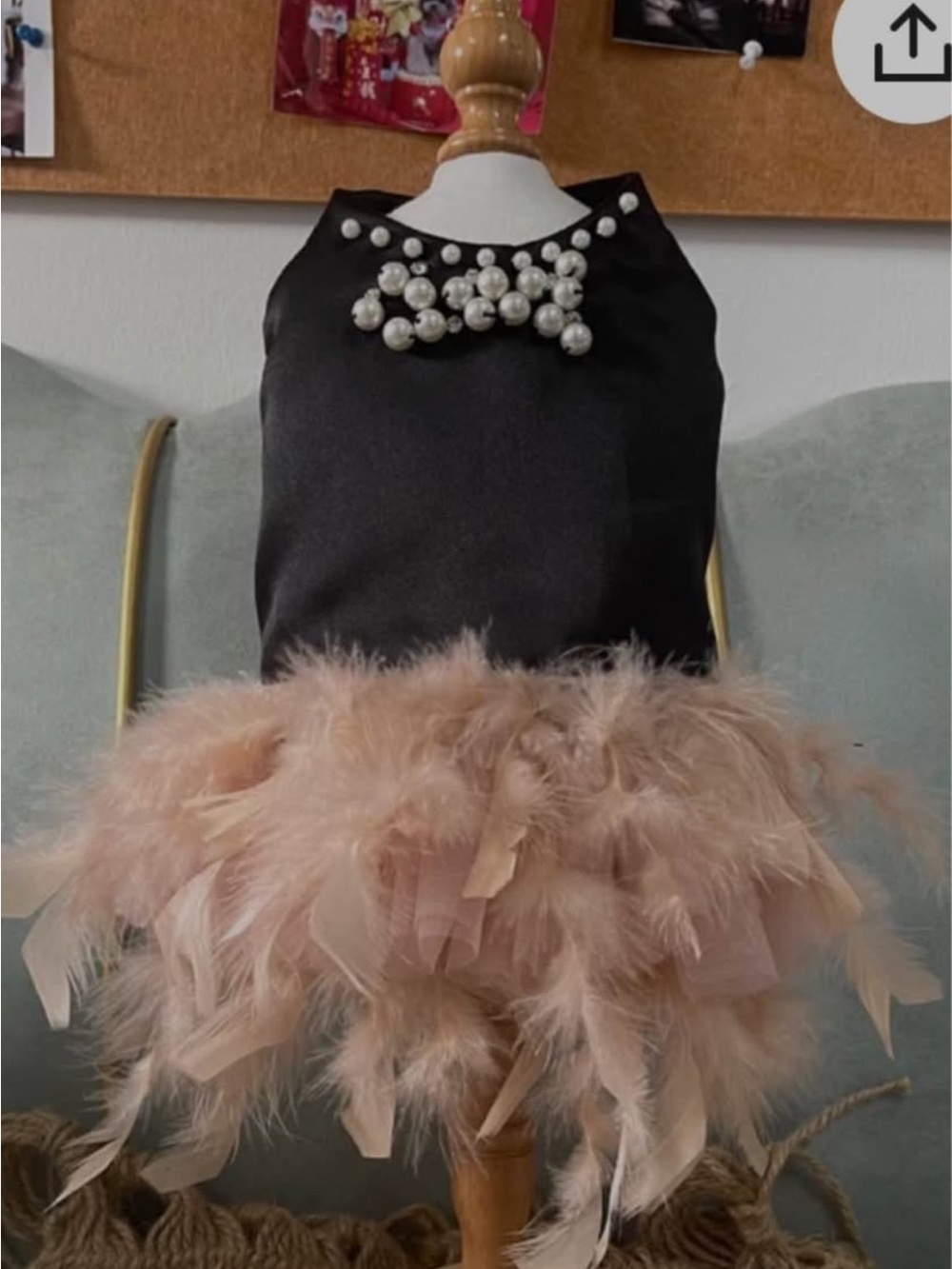 Black and Blush Feathered Dog Dress with Pearl Accent